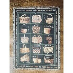 Tapestry Blanket Throw 54"x72" Cotton Wicker Basket Pattern Fringe Cottagecore